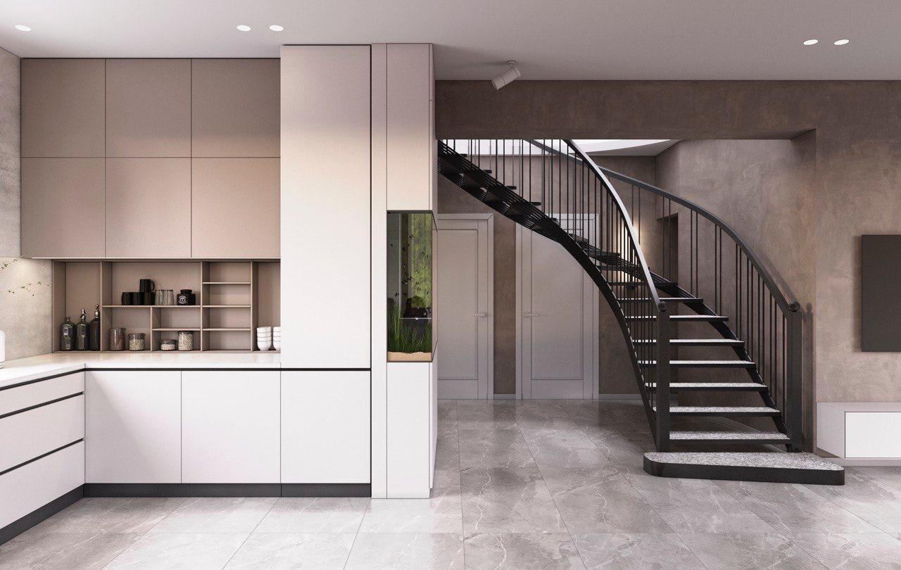 Minimalist kitchen with staircase in Costa Mesa, CA